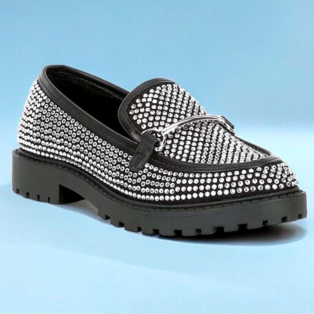 GB Teigin-Girl Rhinestone Embellished Lug Sole Loafers.